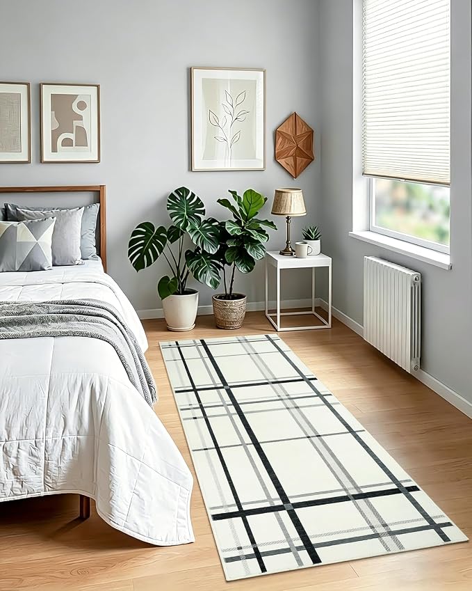 Terrug Plaid Runner Rugs for Kitchen, Beige 2x6 Checkered Area Rug Washable with Non Slip for Bedroom, Soft Low Pile Stain Resistance Carpet for Entryway Hallway