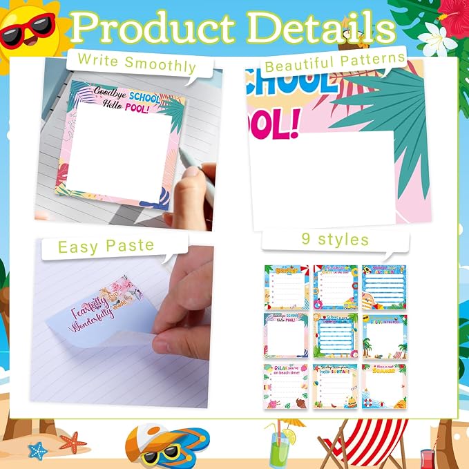 End of the Year Sticky Notes Gifts, 9 Pack Schools Out for Summer Notepads 3x3 Inches, End of School Year Self-Adhesive Memo Pads, Summer Office Study Supplies Rewards (450 Sheets)