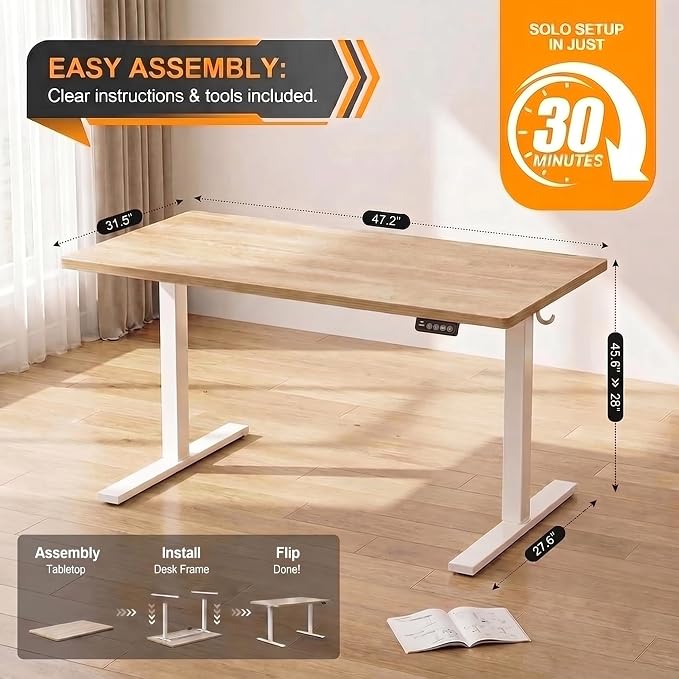 Grandder 47x32 Large Electric Standing Desk, Height Adjustable Computer Desk with 2 Memory Presets, 31.5" Deep Desktop Sit Stand Desk Home Office Desk Workstation Table with Hooks, Oak