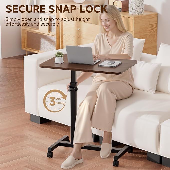 GTPLAYER Small Standing Desk, 24 Inches Mobile Foldable Rolling Laptop PC Table with Lockable Casters, Adjustable Height Overbed Bedside Table Computer Workstation for Home Office, Walnut