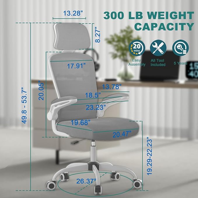Mimoglad Office Chair, High Back Ergonomic Desk Chair with Adjustable Lumbar Support and Headrest, with flip-up Armrests for Guitar Playing, 5 Years Warranty (Moon Grey)