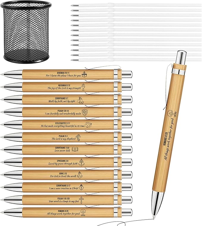 Bible Verse Pens 25 Pcs with 12 Christian Pens & 12 Refills & 1 Black Pen Holder Bamboo Retractable Ballpoint Pens Inspirational Quote Pen Religious Gifts for Men Women