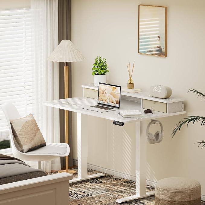 Veken 47x28 in Electric Standing Desk with Drawers, Adjustable Table, White | Stand up Computer Desk for Home Office, Work & Study, with Storage, 3 Memory Presets, Cable Organizer, Hook, and Quiet Lift.