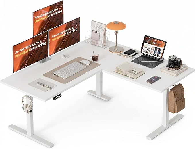 Grandder L Shaped Standing Desk Adjustable Height, Electric Standing Corner Desk, 160 x 140 cm Sit Stand Computer Table with Splice Board, White