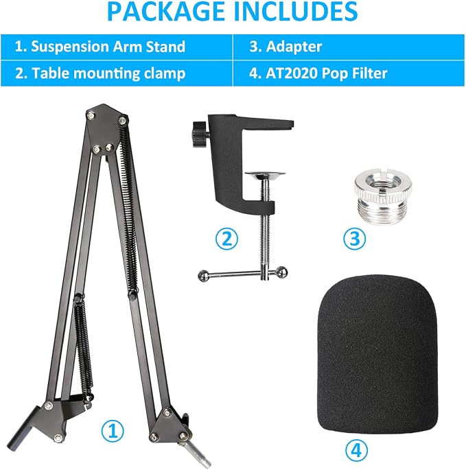 Audio-Technica AT2020 Mic Boom Arm with Foam Windscreen, Suspension Boom Scissor Arm Stand with Pop Filter Cover for Audio-Technica AT2020 Microphone by SUNMON