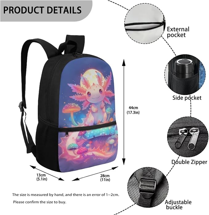 WELLFLYHOM Customized Axolotl Kids Girls Backpack Set 6-8 4Pcs with Lunch Box Pencil Case Water Bottle Sleeve Moon Mushroom Elementary School Daypack Back to School Season Supplies Purple
