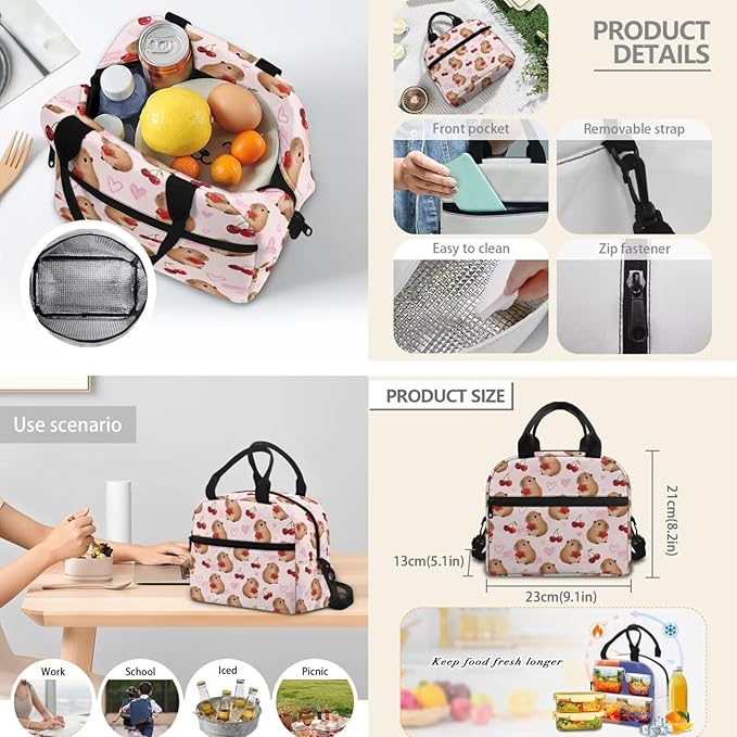 Capybara Cherry Backpack for Teen Girls Primary School Bookbags 3 Piece Set Back to School Supplies Kids Schoolbags with Lunch Bag and Pencil Box