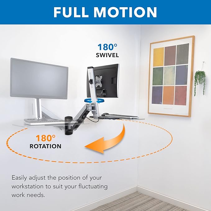 Mount-It! Wall Mounted Sit-Stand Single Monitor Workstation with Gas Spring Arm, Keyboard Tray & CPU Holder, 19.9” Height Adjustment, 41” Extension, VESA 75x75 100x100, MI-7905