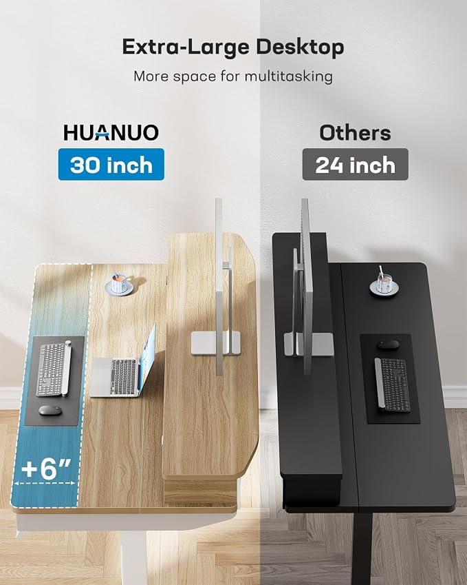 HUANUO 48 x 30 inch Electric Standing Desk with 4 Drawers, Natural | Deeper 30 Inch Desktop, Cable Tray, Monitor Mount Support, Grommet Routing, 27.9–46.8 Inch Height Range, Home Office Use