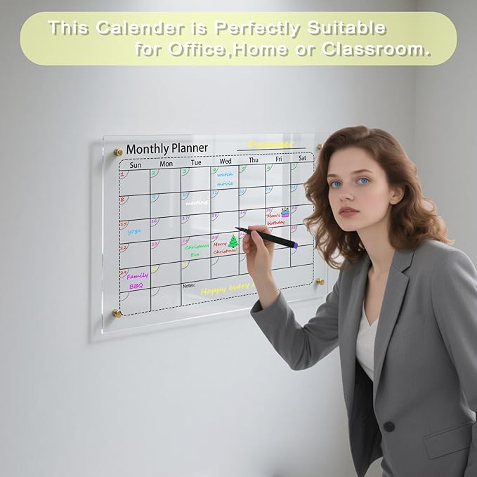 IJIJIJ- 17×13” Clear Acrylic Calendar for Wall, Acrylic Wall Calendar Dry Erase Board, Reusable Monthly Whiteboard, Family Planner for Wall with 8-Color Markers, Perfect for Home, Office & Classroom
