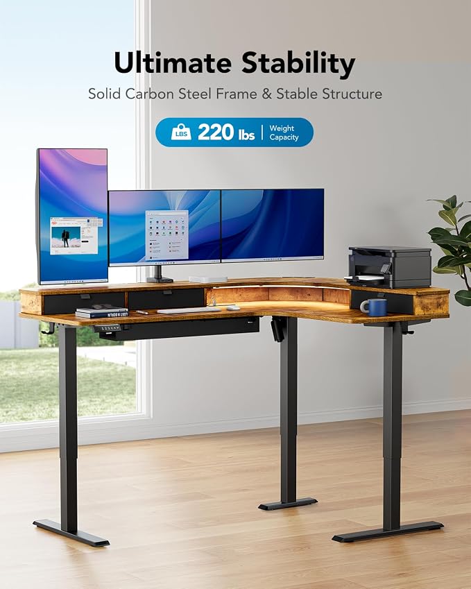 HUANUO 65″ L Shaped Standing Desk with 3 Drawers, Vintage Brown | Built-in Power Outlets, LED Strip, Smooth Electric Height Adjustment, 4 Memory Presets, 220 lbs Capacity, Power Strip Holder