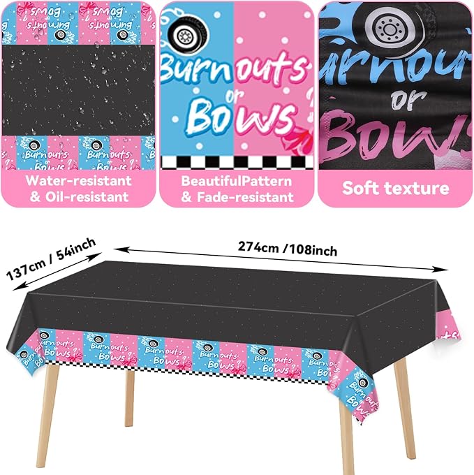 Qyeahkj Burnouts or Bows Gender Reveal Party Supplies Serves 24 Baby Boy or Girl Party Decorations Paper Plates Napkins Gender Reveal Tablecloth Set Tableware Kit for Baby Shower