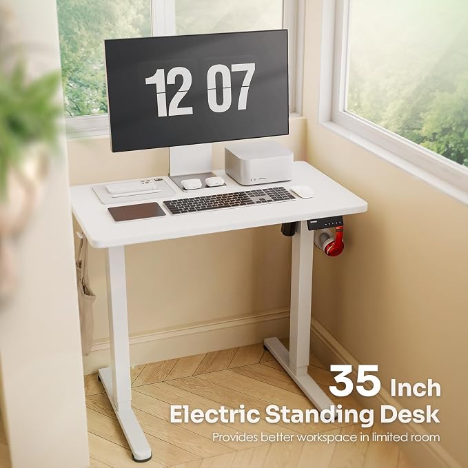 Monomi Standing Desk, 39.4‘’ Small Sit Stand up Height Adjustable Electric Standing Desk with 3 Memory Setting, Ergonomic Home Office Computer Desk, White