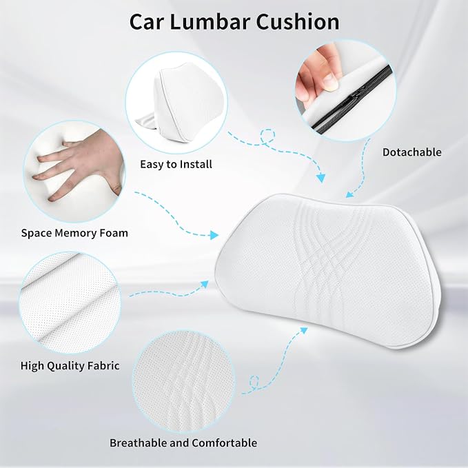Lumbar Support Pillow for Car Seat, Office Chair, White, 1PC | Leather Lumbar Pillow Memory Foam Lower Back Cushion for Back Pain Relief Improve Posture, Ergonomic Back Rest Gaming Chair