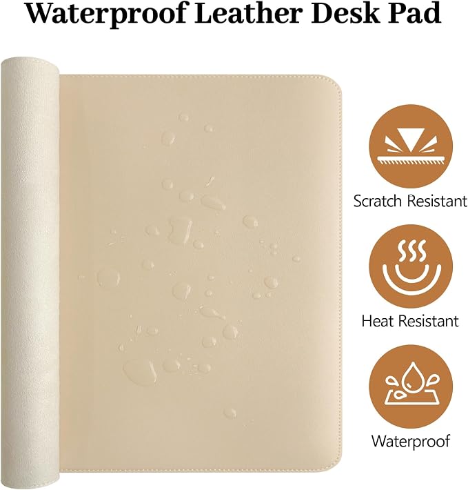 Beige Leather Desk Pad and Keyboard Wrist Rest, 27.6"x13.8" | 3in1 Mouse pad + Keyboard Wrist Rest + Mouse Wrist Rest, Non-Slip Waterproof Desk Writing Pad for Office and Home