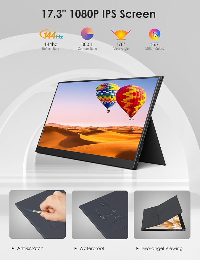 17.3" Portable Monitor, 1080P FHD, 144Hz, IPS HDR Screen, Travel Monitor for PC Mac Phone Xbox PS5 Switch Laptop, Smart Cover & Speakers