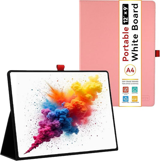 12"x9" Portable White Board with Foldable Stand, A4 Small Whiteboard, Ultra-Smooth Anti-Ghosting Surface, Easy Wipes Dry Erase Board for Office Home School, Includes Marker & Eraser (Pink)