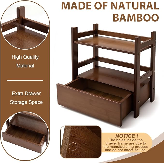 2 Tier Matcha Station Bamboo Organizer with Hidden Drawer, Wood Home Coffee Station Organizer for Kitchen Countertops, Coffee Bars, Kitchen & Office Storage(13" L x 6.5" W x 12.6" H)(Brown)