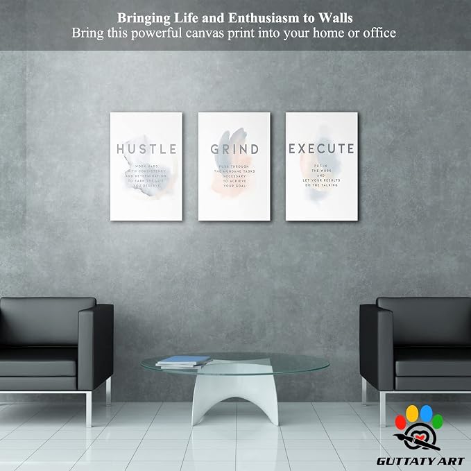 Office Wall Art - 3 Panel Motivational Wall Art, Inspirational Quotes Canvas Art for Home Office Wall Decor, Positive Quotes Wall Decor, Entrepreneur Grind Hustle Execution Poster Frame (16”x24”x3Pcs)