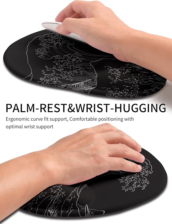 Palm-Rest and Wrist-Hugging Mouse Pad Wrist Rest, Ergonomic Wrist Support with Curve Fitting Cushioned Memory Foam for Carpal Tunnel Pain Relief, 9.9 x 8.3 Inch, Waves