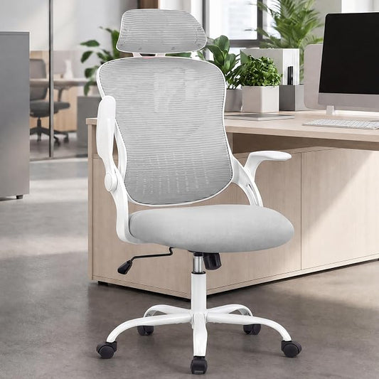 DUMOS Ergonomic Office Chair – High Back Mesh Computer Chair with Lumbar Support, Headrest, Flip-up Arms, and Swivel Wheels – Comfortable Gaming & Desk Chair for Home Bedroom Office,Grey