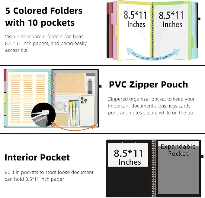 Ospelelf Foldable Spiral Clipboard Folio with with Storage Zipper Pouch, Leather Clipboard Folder with Notepad, 5 Plastic Folders with 10 Pockets, 39 Divider Label Stickers, Pen Loop Series (Bushes)