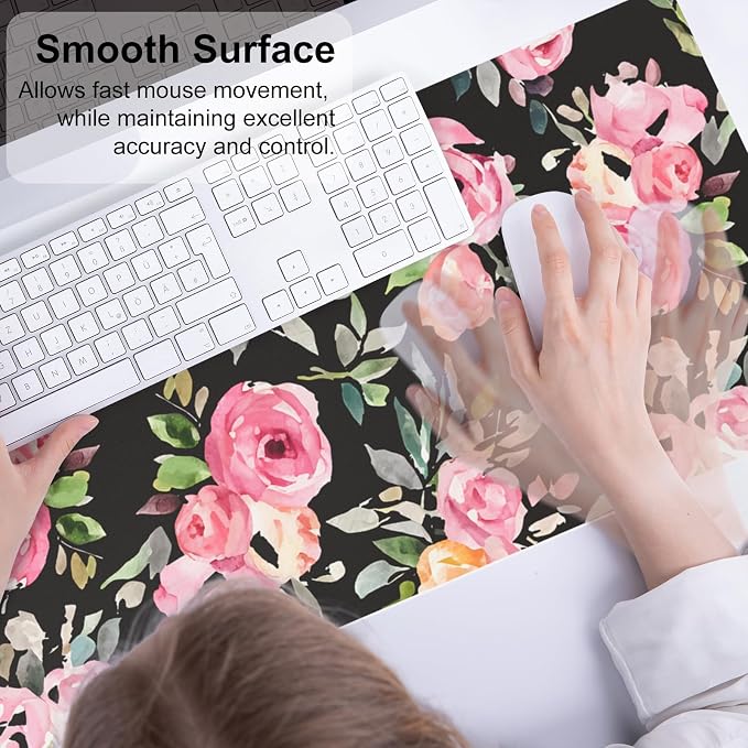 QiyI Large Mouse Pad, Floral Desk Mat for Desktop, Women Girls Watercolor Pink Flowers Office Décor Desk Accessories, PU Leather Waterproof Gaming Mousepad, Black Desk Pad Computer Mat, 31.5" x 11.8"