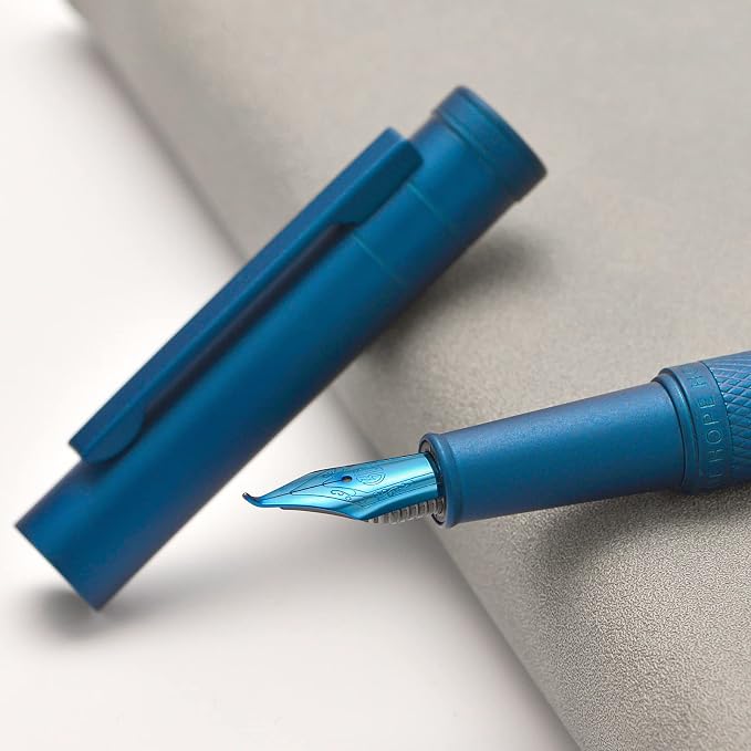 Asvine Dark Blue Fude Pen, Bent Nib Calligraphy Fountain Pen (Fine to Broad) with Converter and Metal Pen Case Set