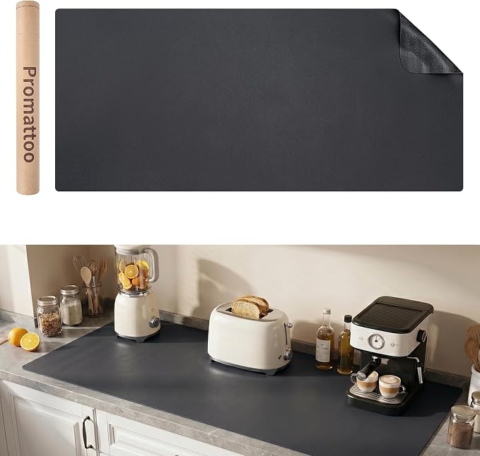 1.6mm Thick Leather 12x48 Inch Non-Slip Mat, Waterproof Countertop Protector, Kitchen Appliance Runner/Narrow Console Topper, Obsidian Black