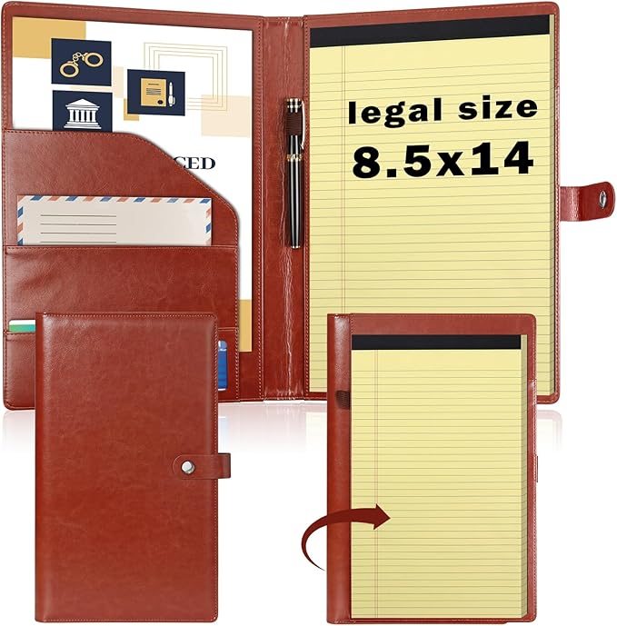 1Pack Legal Size Portfolio Padfolio PU Leather with 8.5 x 14 inch Tearable Legal Pad Holder 50 Sheets Leather Portfolio Folder Binder for Interview Attorneys Business Brown