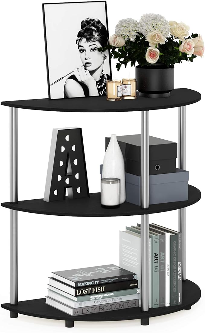 Furinno Frans Turn-N Half Round Console Table with Stainless Steel Tubes, Black Oak 15.6D x 31.1W x 30.8H in | Console Table with Storage Shelf, Narrow Sofa Side, Stainless Steel Tubes, for Living Room, Home Office, Entryway