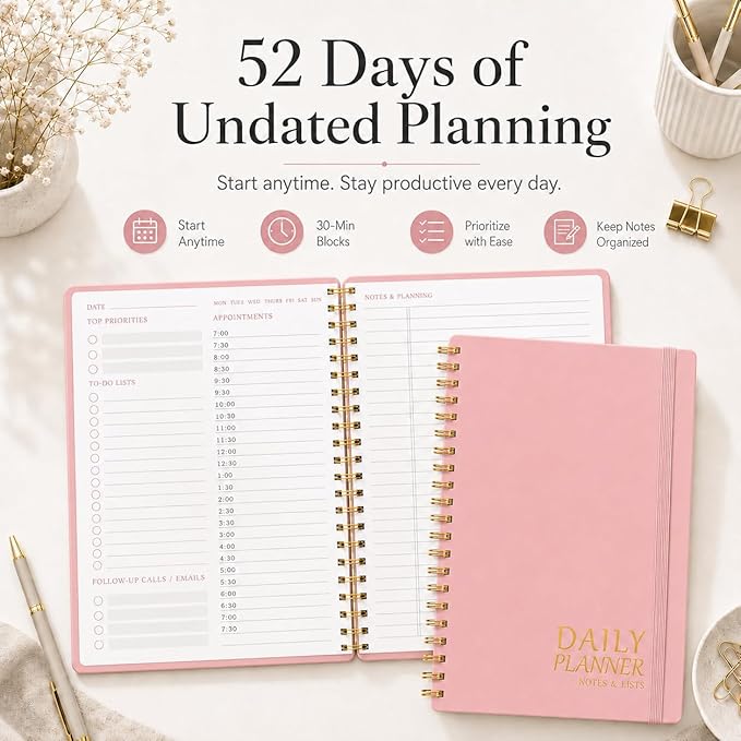 Daily Planner with Hourly Schedules - Undated To Do List Notebook, Spiral Bound, 5.5" x 8.5", Manage Your Tasks and Appointments, The Perfect Office Supplies for Women - Pink
