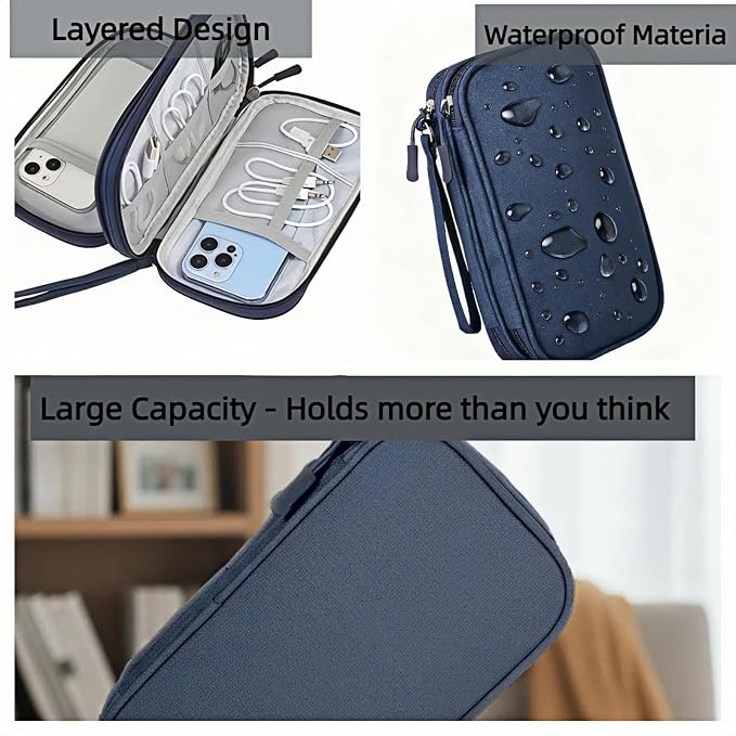 Portable Waterproof Double Layers All-in-One Storage Bag, Travel Cord Organizer，Electronics Accessories Organizer Pouch Bag for Accessories,Charger, USB Cable, Gadget (navy blue)
