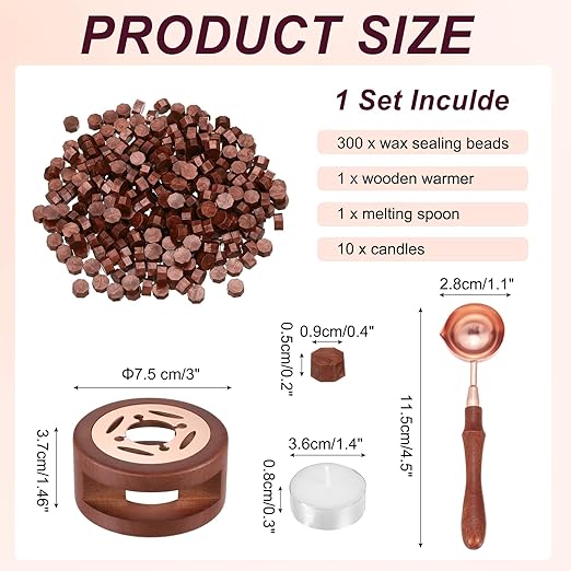 PATIKIL Wax Seal Kit, 300 Pcs Wax Sealing Beads, Wooden Warmer, Melted Spoon, 10 Pcs Tealight Candles for Envelope Letter Mailing Crafts DIY, Red Gold