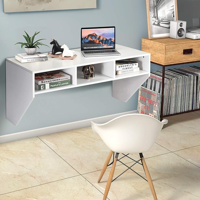 Giantex Wall Mounted Desk Floating Computer Desk, Writing Study Table W/3 Storage Shelves, Laptop PC Table for Living Room, Bedroom, Office (White)