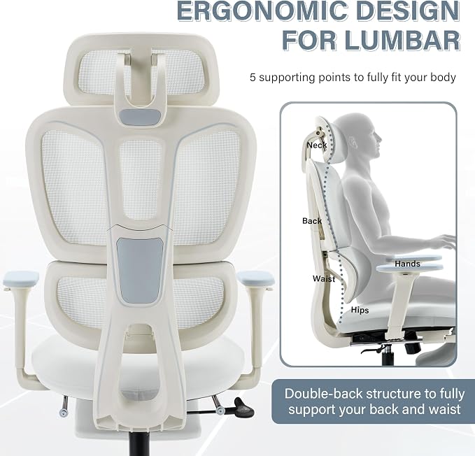 Ergonomic Office Chair with Retractable Footrest, Light Grey | High Back Design, Dynamic Lumbar Support, 2D Headrest & 2D Armrests, Breathable Mesh Back for Home Office