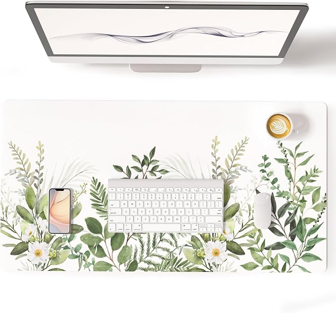 Colorful Star Large Mouse Pad, Green Leaves Waterproof Office Desk Mat, Non-Slip Computer Gaming Mouse Pad, XXL PC Laptop Protector Pads, PU Leather Desk Writing Pads for Office Home, 31.5" x 15.7"
