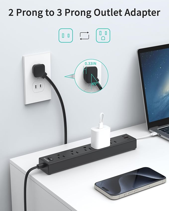 HOPOW 2 Prong Power Strip, 2 to 3 Prong Outlet Adapter with Polarized Plug, 1700J Surge Protector, 6ft Two Prong Extension Cord, 5 AC Outlets & 3 USB(5V 3.4A Max), Wall Mount for Non-Grounded Outlet