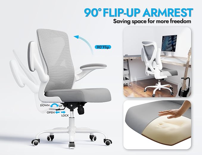 Office Chair Ergonomic Desk Chair Comfy: 330LBS Mesh Computer Chair Ergonomic Gaming Chairs with Wheels Adjustable Lumbar Support and Flip up Armrest-Swivel Executive Chairs Long Hours(White Gray)