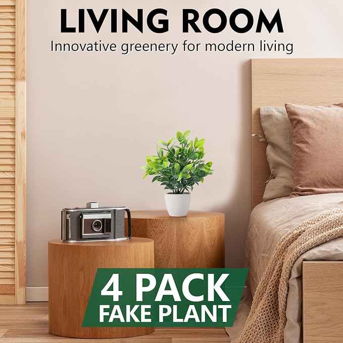 FAVOWREATH 4 Pack Fake Plants Ceramic Mini Artificial Greenery Potted Plants for Home Decor Office Decor Room Decor Farmhouse Decor Indoor Table Bathroom Decor