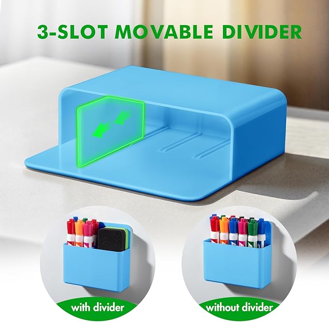 2 Pcs Magnetic Dry Erase Marker Holder for Whiteboard, Plastic Magnetic Pen Holder for Refrigerator Fridge, Magnet Pencil Cup for School Classroom, Locker Accessories, Pen Cup Organizer-Blue