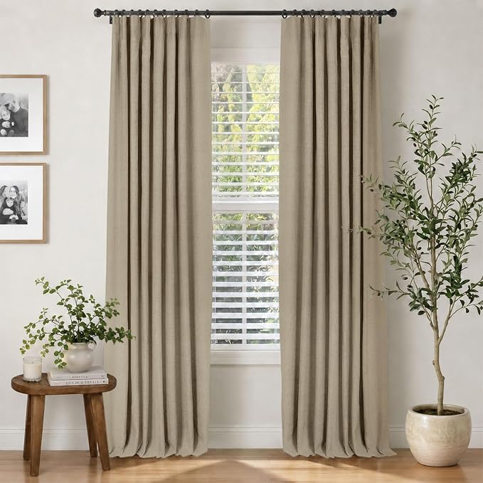 INOVADAY 100% Blackout Curtains for Bedroom, Earthy Beige Black Out Curtains 108 Inch Long, Clip Rings Linen Blackout Drapes, Thermal Insulated Room Darkening for Living Room, 2 Panels - W50xL108