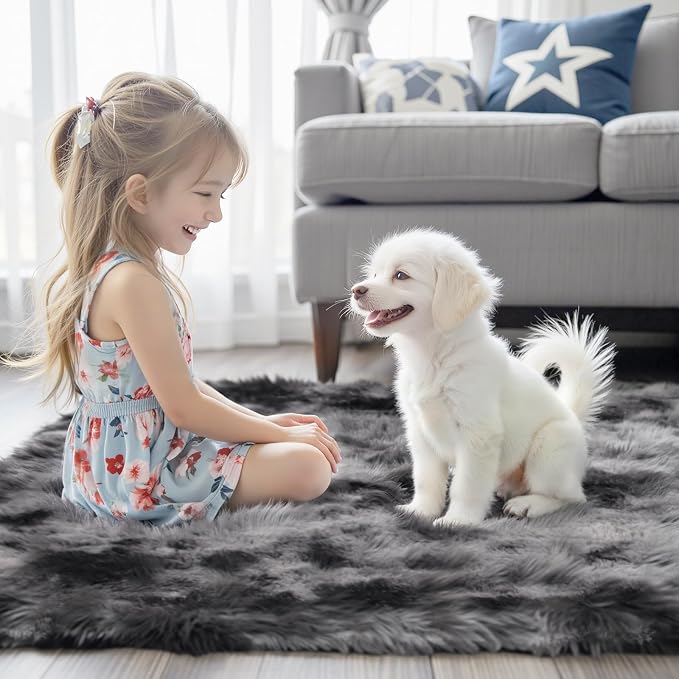 Area Rugs 9x12 Living Room,Large Area Rug Shaggy Carpet Soft Plush Furry Bedside Rug, Machine Washable Area Rugs for Bedroom Home Decor Non-Slip(9 x 12, Dark Grey Tie-Dyed)