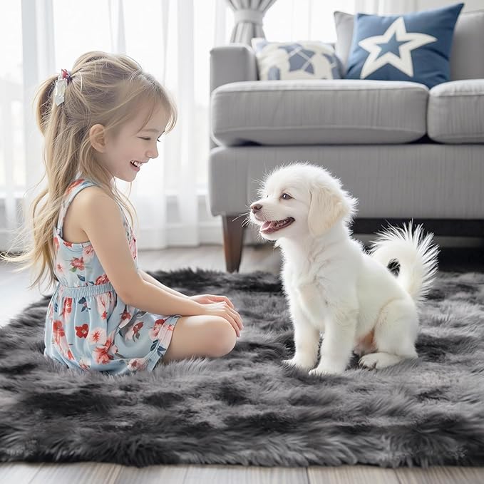 Area Rugs 10x14 Living Room, Shaggy Carpet Soft Plush Furry Bedside Rug Large Area Rugs for Bedroom Home Decor Anti Slip(10 x 14, Dark Grey Tie-Dyed)