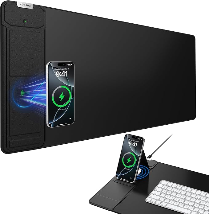 Mouse Pad with Wireless Charging & Foldable Phone Holder, 27.5"x11.8" Black | Desk Protector with Stitched Edges, Non-Slip Base, Laptop Desk Mat, Waterproof Writing Pad for Office & Home