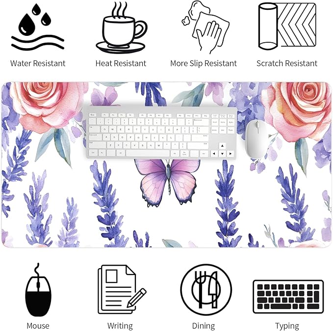 Bloss Butterflies + Flowers Desk Mat, Leather Desk Pad, Desk Matt for Desktop, Waterproof Desk Pad Mat, Computer Mat for Office Work/Home/Desk Protector(31.5 x 15.7 Inches)