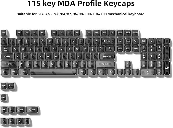 dagaladoo Clear keycaps,Transparent Keyboard keycaps,Jelly Key caps Set,Shine Through keycap,MDA Profile Keyboard caps for Mx Switches Mechanical Keyboard(Black Grey,115-keys)