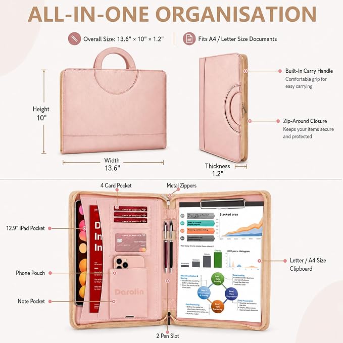 Darolin Vegan Leather Padfolio Portfolio with Handle, Zipper -Rosegold | Business Portfolio Organizer for Meetings, Interviews, Travel, Resume, Clipboard Fits A4, Letter Size, Padfolio for Men Women