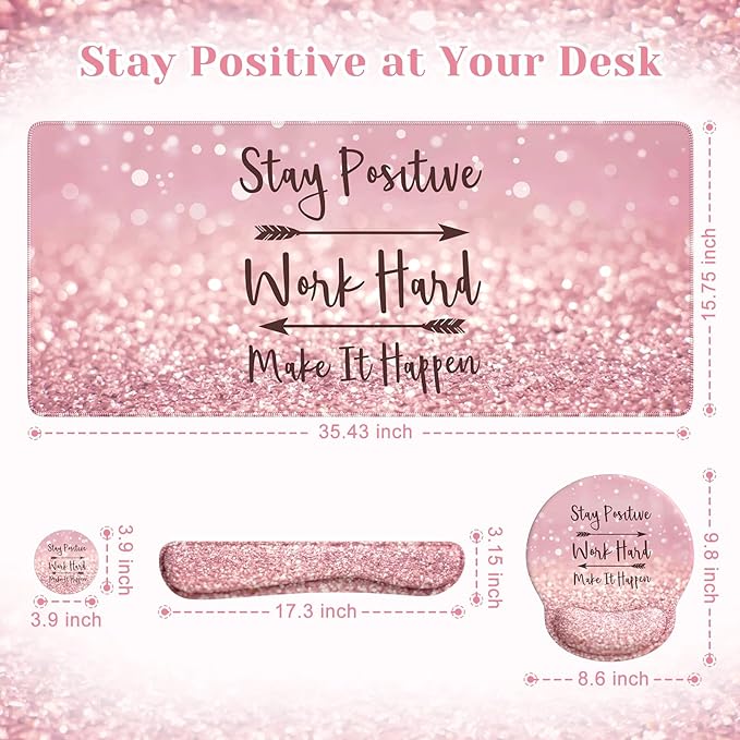 iCasso Mouse Pad,Large Pink Desk Mat Set, 4in1 XXL Mousepad + Keyboard Wrist Rest+Mouse Wrist Rest+Coaster with Ergonomic Desk Pad for Home Office Table Computer Cover -Pink Stay Positive