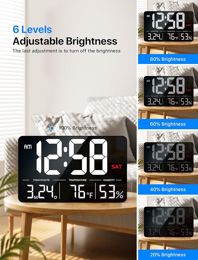 MASHI 13" Large Display Digital Clock, Alarm, Date, Temperature, DST | Remote control & 6-level dimmer. Shows day, humidity. Plug-in; memory backup. For desk, wall, gift for elderly